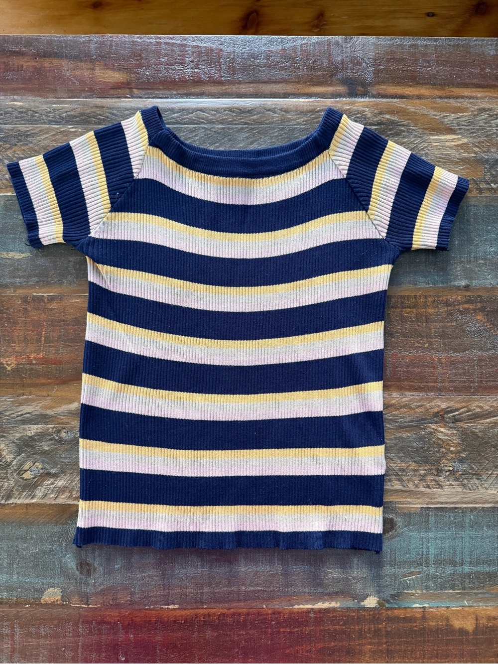 Beware Women’s XL Blue Pink Yellow Striped Rib Knit Top | SKU 0299